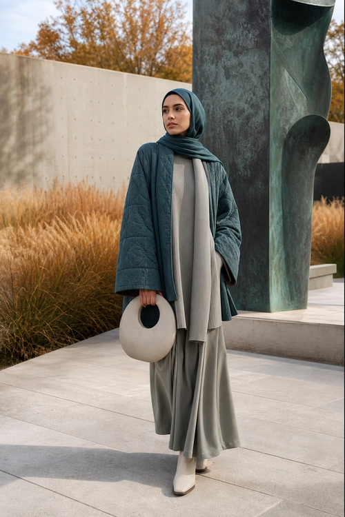 Teal Coat and Gray Layered Outfit A woman wears a dark teal quilted coat and headscarf over a long gray layered outfit with cream ankle boots and a round cream handbag.