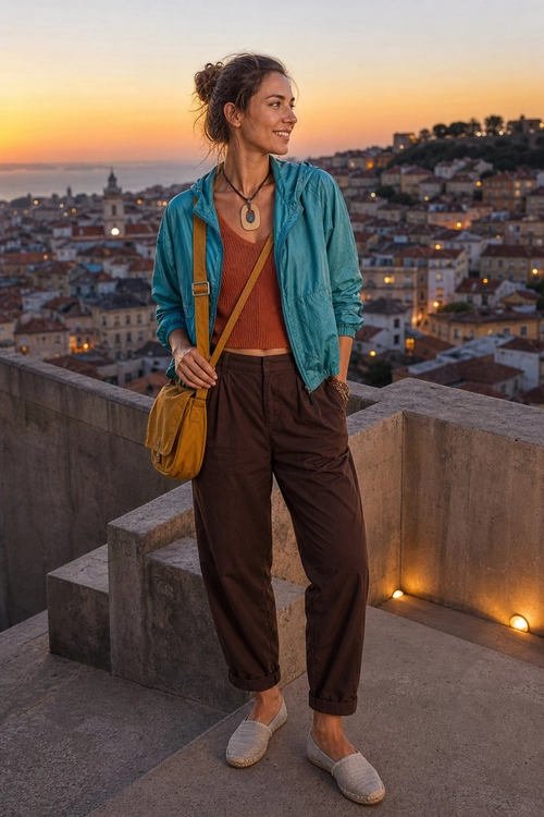 A woman wears a teal hooded jacket, rust sleeveless top, brown cuffed trousers, gray woven slip-on shoes, and a mustard crossbody bag.