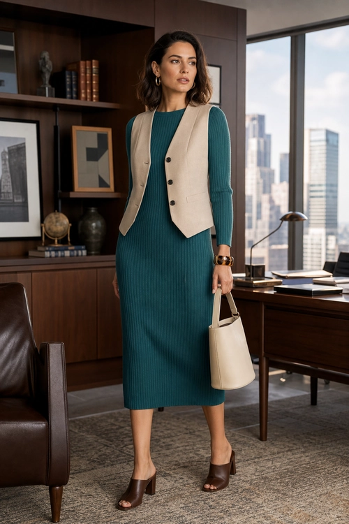 Teal Knit Dress with Tailored Vest A teal ribbed midi dress is styled with a beige tailored vest, brown open-toe heeled shoes, and a cream handbag.