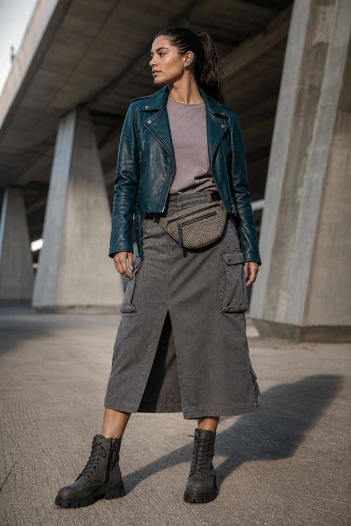 A woman wears a teal leather biker jacket over a muted mauve top with a gray cargo midi skirt, waist bag, and black lace-up boots.