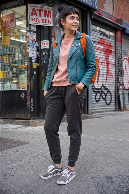 Person wearing a teal leather moto jacket over a pink top with dark jogger pants, gray sneakers, and an orange backpack.
