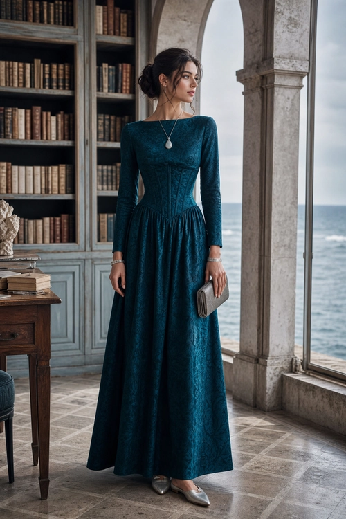 Teal Long-Sleeve Maxi Dress A woman wears a dark teal long-sleeve maxi dress with a fitted bodice, full skirt, pendant necklace, clutch, and silver pointed-toe shoes.