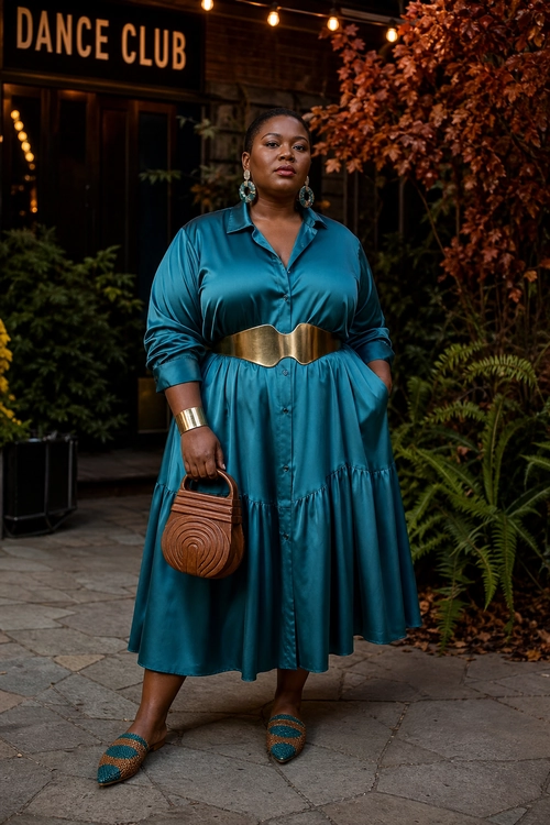A teal button-front midi dress with a wide gold belt, brown round handbag, statement earrings, and patterned flat shoes.