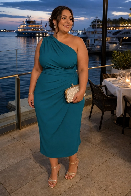 A teal ruched one-shoulder midi dress styled with a beaded clutch and metallic strappy sandals.