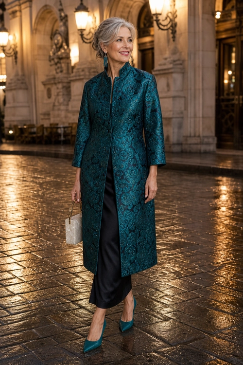 Teal Patterned Coat with Black Trousers Woman wearing a long teal patterned coat over black trousers with teal pointed heels and a small white handbag.