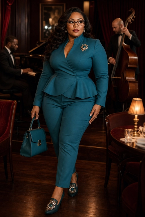 A woman wears a teal peplum blazer with matching trousers, embellished teal shoes, a structured handbag, glasses, and a decorative brooch.