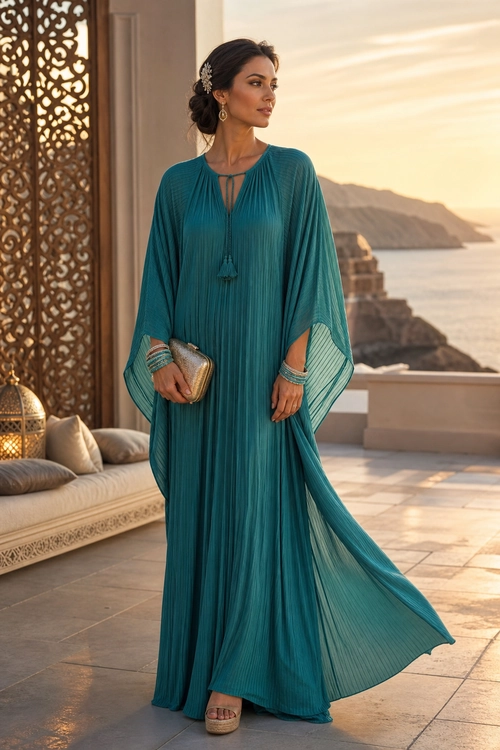 Woman wearing a flowing teal pleated kaftan dress with wide sleeves, a gold clutch, earrings, and beige sandals.
