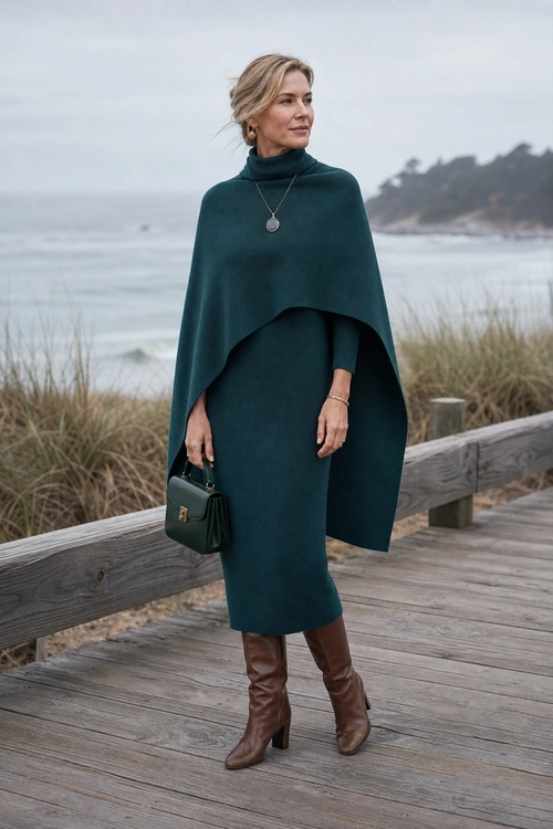 Teal Poncho and Brown Boots A woman wears a dark teal poncho over a matching long-sleeve dress with brown knee-high boots and a dark green handbag.