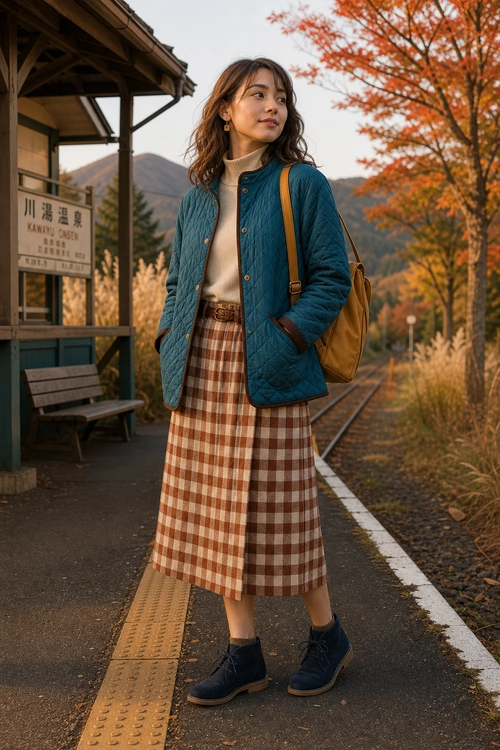 Teal Quilted Jacket and Checked Midi Skirt A woman wears a teal quilted jacket over a cream turtleneck with a brown checked midi skirt, dark ankle boots, and a tan backpack at a train platform.