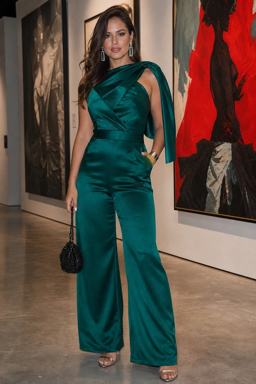 Teal Satin Draped Jumpsuit A woman wears a teal satin one-shoulder jumpsuit with wide legs, metallic sandals, statement earrings, bracelets, and a black beaded handbag.