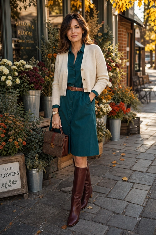 Woman wearing a teal button-front shirt dress with a cream cardigan, brown belt, burgundy knee-high boots, and a brown handbag.