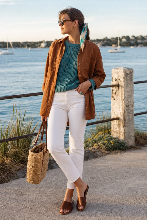 Teal Sweater and Brown Overshirt Outfit A woman wears a teal knit sweater, brown overshirt, white pants, brown heeled sandals, sunglasses, and carries a woven tote beside the water.