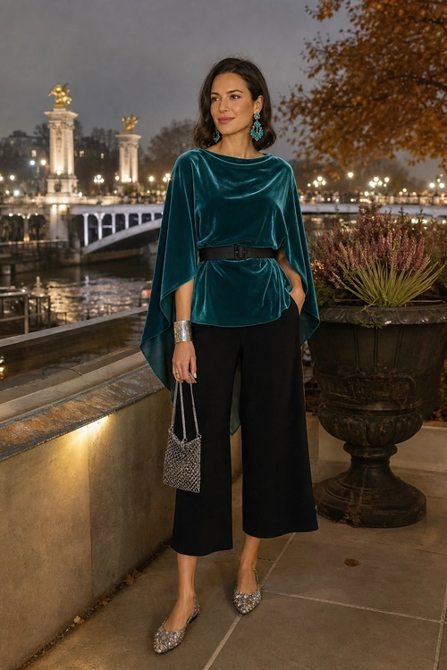 Teal Velvet Cape Top with Wide-Leg Trousers Woman wearing a teal velvet cape-style top with a black belt, cropped wide-leg trousers, embellished flats, and a small chain-handle handbag.