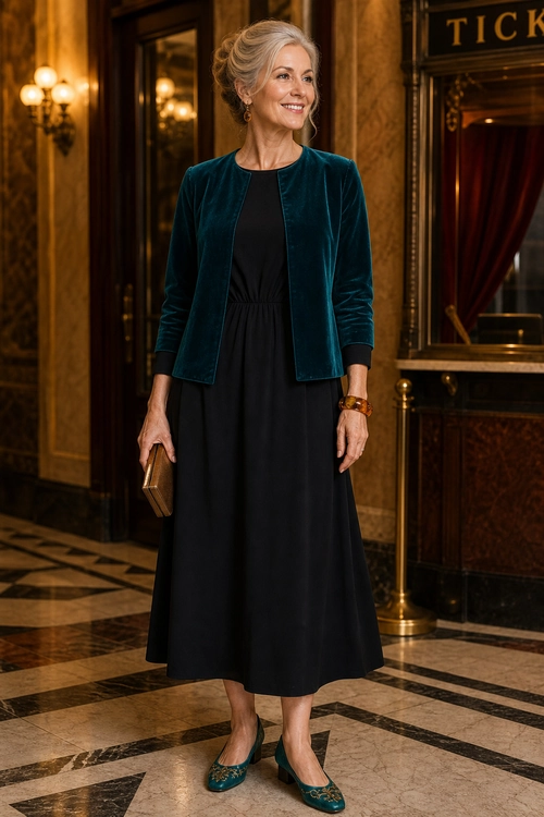Teal Velvet Jacket with Black Dress A woman wears a teal velvet jacket over a black midi dress with teal flats and carries a gold clutch.
