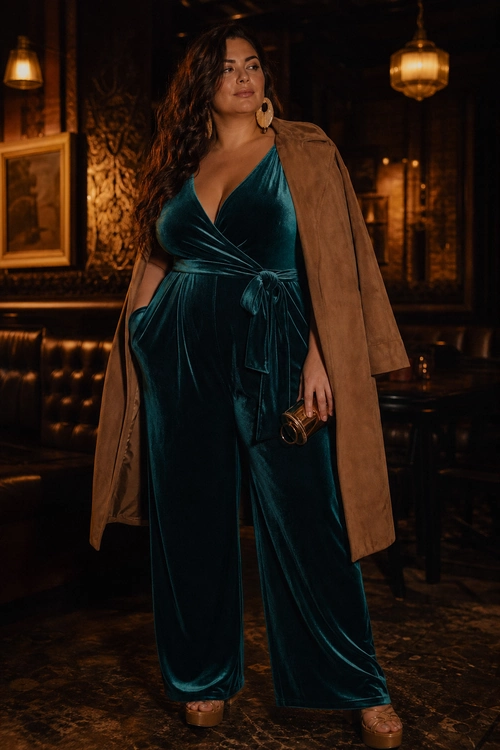 A teal velvet wrap jumpsuit styled with a camel coat draped over the shoulders, platform sandals, round earrings, and a small clutch.