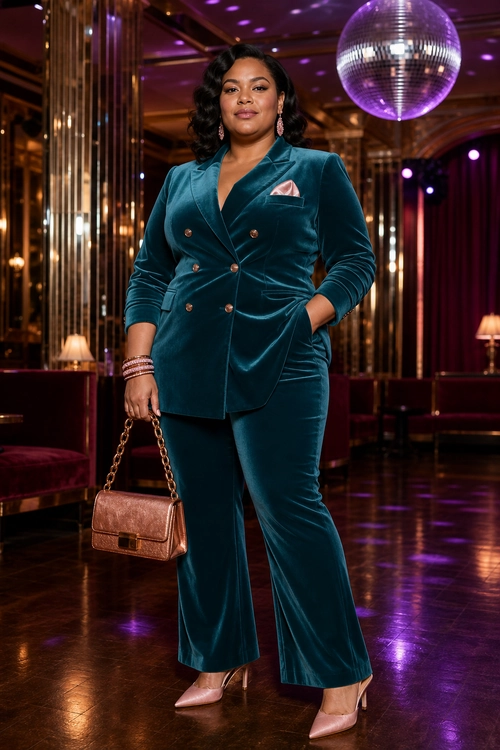 A person wears a teal velvet double-breasted suit with a pink pocket square, pink pointed heels, and a brown chain-handle handbag.