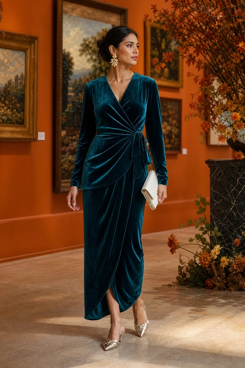A woman wears a long-sleeved teal velvet wrap dress with statement earrings, a cream clutch, and metallic pointed-toe heels.