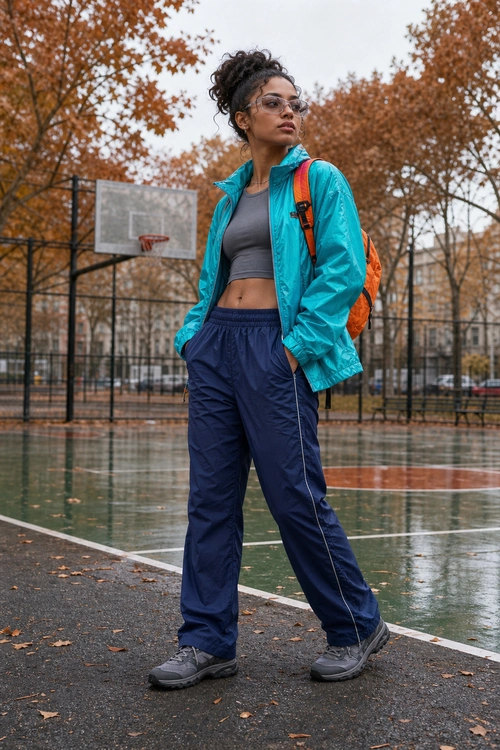 Sporty outfit featuring a teal windbreaker, gray cropped top, navy track pants, gray sneakers, sunglasses, and an orange backpack on a wet basketball court.