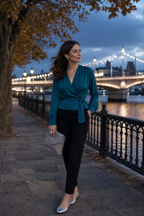 Teal Wrap Blouse with Black Trousers A woman wears a teal long-sleeve wrap blouse with black trousers, silver pointed flats, and a light beige clutch beside a riverside promenade.