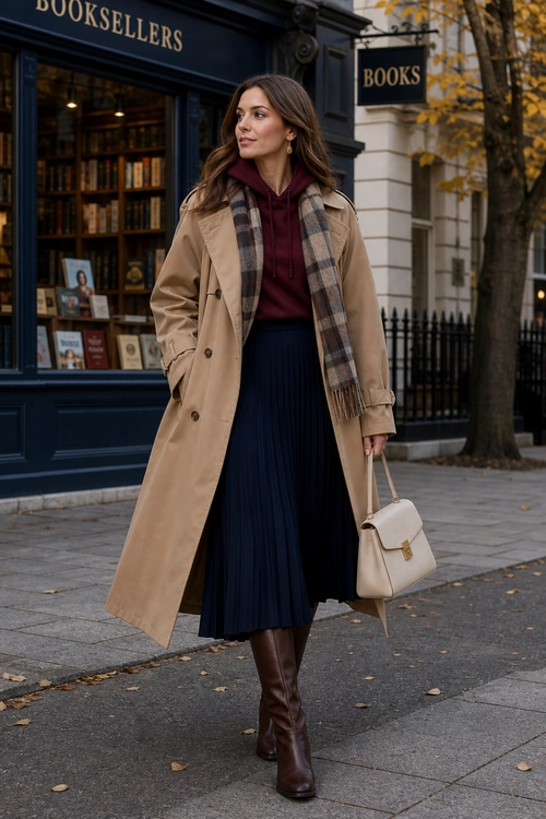 Trench Coat and Pleated Skirt Outfit A woman wears a beige trench coat over a burgundy hoodie, plaid scarf, navy pleated skirt, and brown knee-high boots while carrying a cream handbag.
