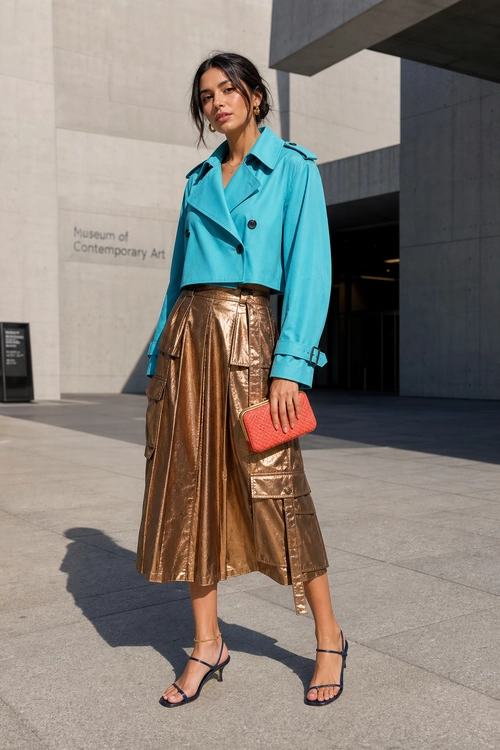 Woman wearing a cropped turquoise jacket, metallic bronze midi skirt, black strappy sandals, and a coral clutch outside a museum.
