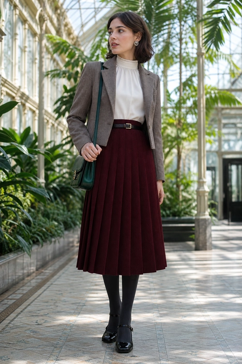 Tweed Blazer and Burgundy Pleated Skirt Outfit A woman wears a brown tweed blazer over an ivory high-neck blouse with a burgundy pleated midi skirt, black tights, black shoes, and a dark teal shoulder bag.