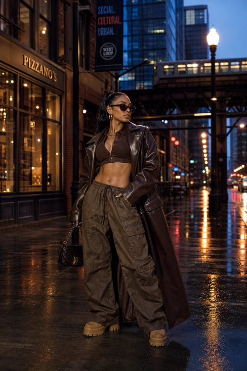 A woman wears a long brown leather coat over a cropped brown top with wide-leg cargo pants and platform boots on a rainy city street.