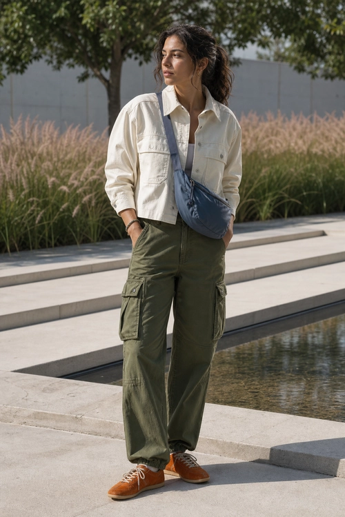 Utility Jacket and Cargo Pants Outfit A casual outfit featuring a cream utility jacket, olive cargo pants, brown sneakers, and a blue-gray crossbody bag.