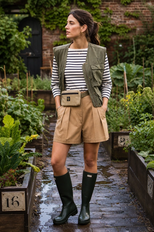 Utility Vest and Rain Boots Outfit A woman wears an olive utility vest over a striped long-sleeve shirt with tan shorts, a small waist bag, and dark knee-high rain boots.