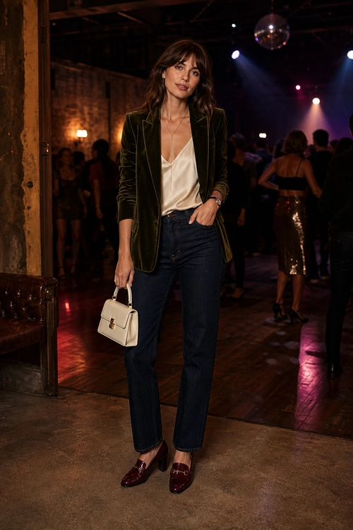 A woman wears a dark green velvet blazer over an ivory camisole with dark straight-leg jeans, burgundy loafers, and a cream handbag.