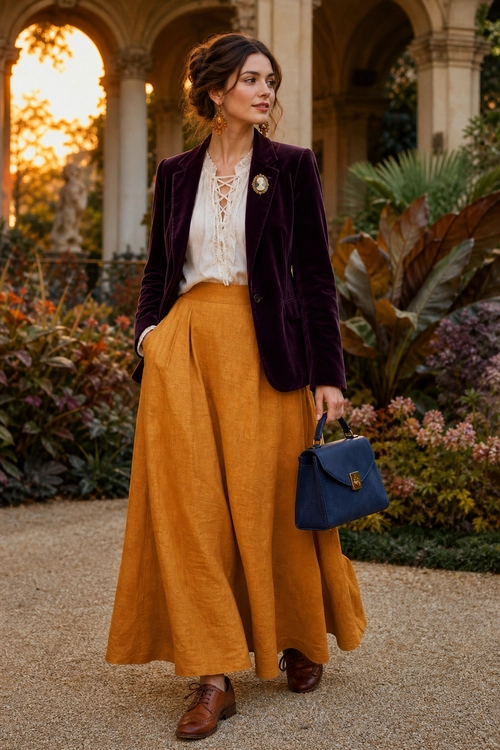 Velvet Blazer and Mustard Skirt Outfit A woman wears a burgundy velvet blazer over a cream lace-up blouse with a mustard long skirt, brown shoes, and a navy handbag.