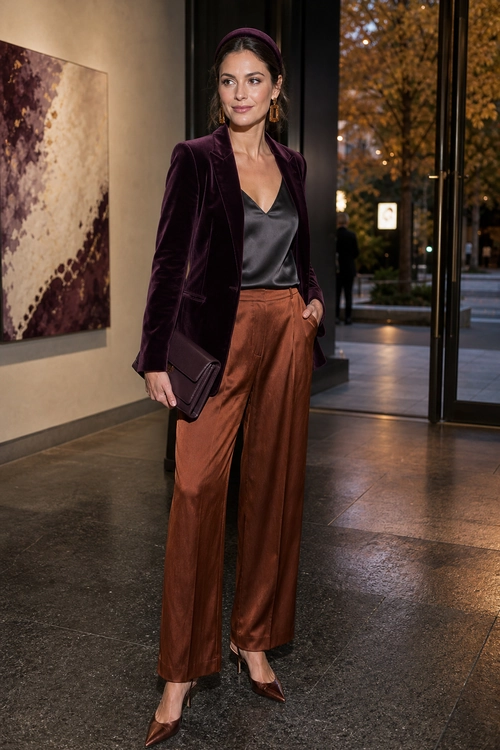 Velvet Blazer and Satin Trousers A polished outfit featuring a burgundy velvet blazer, black satin camisole, rust-brown wide-leg trousers, pointed heels, headband, and clutch.