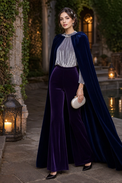 Velvet Cape Evening Outfit A woman wears a navy velvet cape over a silver pleated blouse and deep purple wide-leg velvet trousers with black pointed heels.