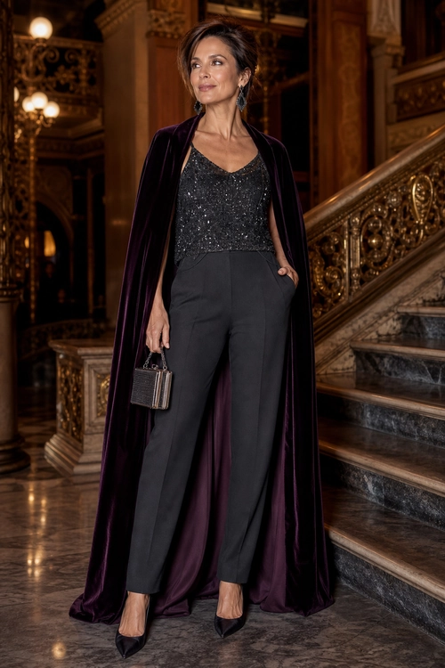 Elegant outfit featuring a long dark velvet cape, sparkling charcoal top, tailored trousers, pointed pumps, and a metallic clutch.