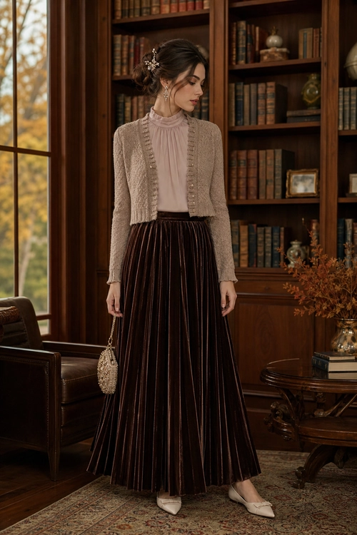 Velvet Skirt and Knit Cardigan Outfit A woman wears a beige knit cardigan over a mauve high-neck blouse with a dark brown pleated velvet maxi skirt, cream pointed flats, and a beaded handbag.