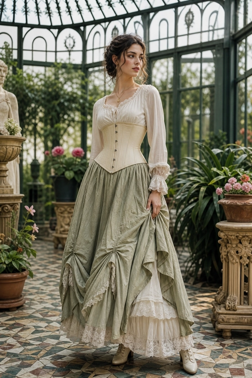 Victorian-Inspired Sage Green Dress A woman wears a cream ruffled blouse, fitted corset-style bodice, and layered sage green skirt with lace detailing and light ankle boots.