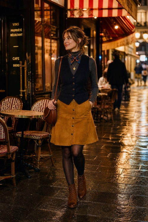 Woman wearing a navy buttoned waistcoat over a charcoal turtleneck with a mustard A-line skirt, patterned neck scarf, black tights, brown crossbody bag, and brown ankle boots.