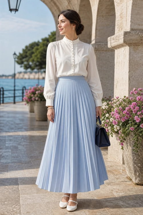 White Blouse and Blue Pleated Skirt A woman wears a white high-neck blouse with a light blue pleated midi skirt, white strap shoes, and a navy handbag.