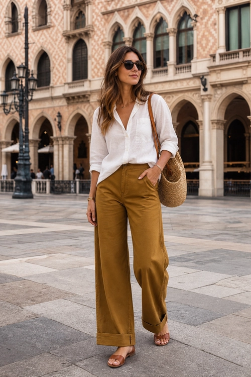 A woman wears a white blouse with mustard wide-leg trousers, sunglasses, a woven shoulder bag, and heeled sandals.