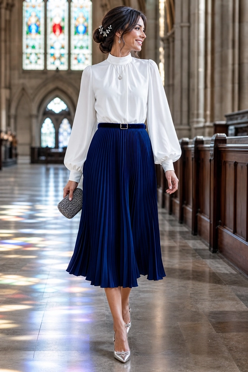 White Blouse and Navy Pleated Skirt Outfit A woman wears a white high-neck blouse with voluminous sleeves, a navy pleated midi skirt, a black belt, silver pointed heels, and a small silver clutch.