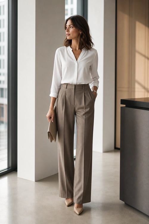 White Blouse and Taupe Wide-Leg Trousers Woman wearing a white blouse with taupe pleated wide-leg trousers, pointed beige heels, and a small neutral clutch.