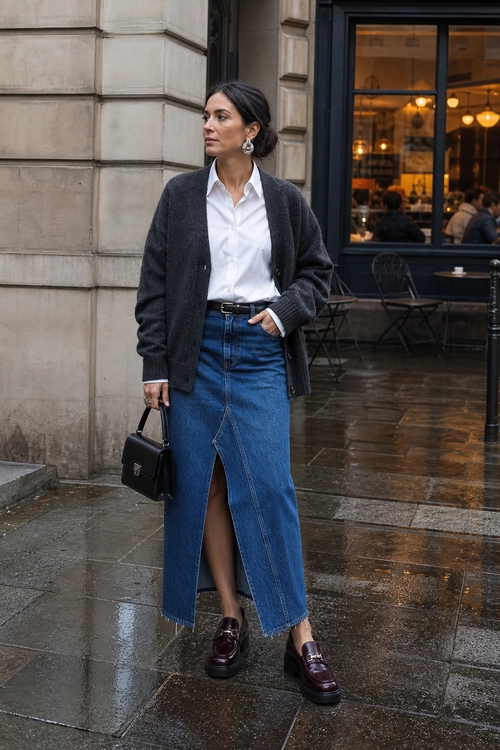 A polished outfit featuring a white button-down shirt, charcoal cardigan, long blue denim skirt with a front slit, dark loafers, and a black handbag.