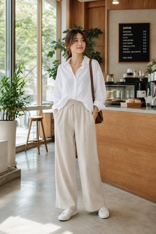 A woman wears a white button-up shirt with cream wide-leg drawstring pants, white sneakers, and a brown shoulder bag in a coffee shop.