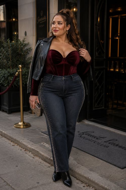 woman wearing a deep burgundy velvet corset top, high-waisted dark-wash jeans with subtle crystal detailing, and a cropped black leather jacket