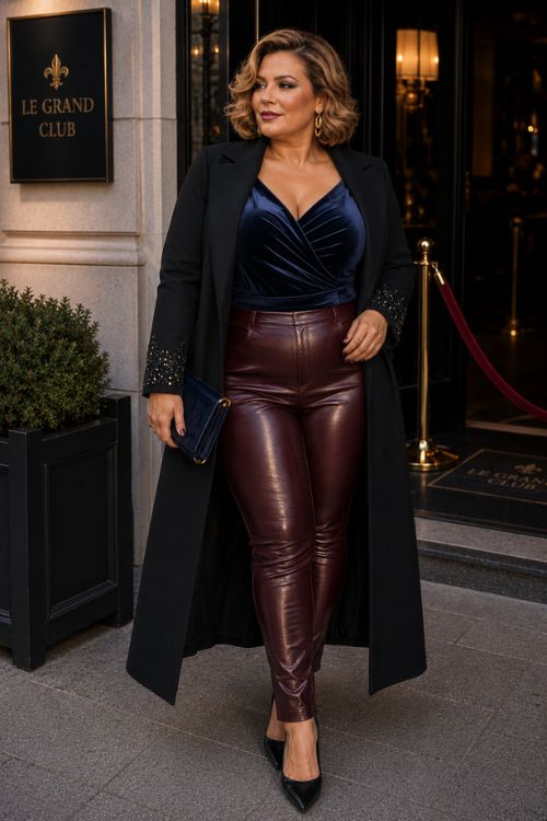 woman wearing a midnight navy velvet wrap top with softly gathered sleeves, high-waisted burgundy leather leggings, and a long black tailored coat with beaded cuffs
