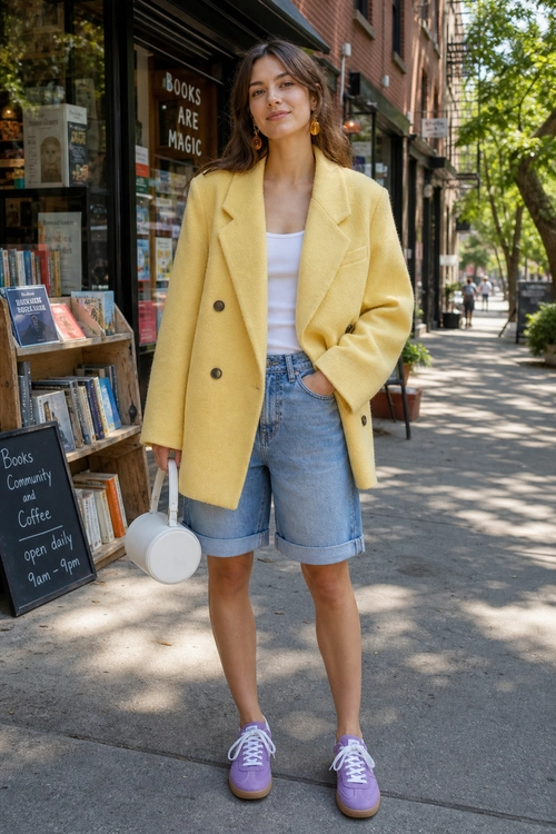 A woman wears a yellow blazer over a white top with cuffed denim shorts and lavender sneakers, carrying a round white handbag.