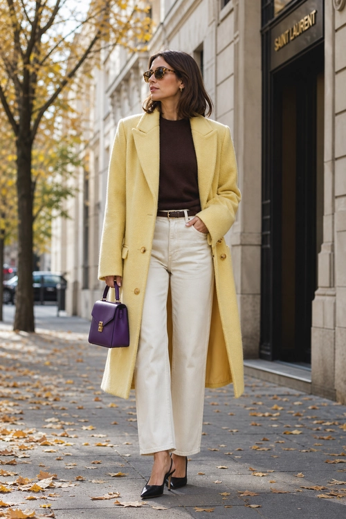 Yellow Coat and Cream Trousers Outfit A woman wears a long yellow coat over a dark brown top with cream cropped trousers, black pointed heels, sunglasses, and a purple handbag.