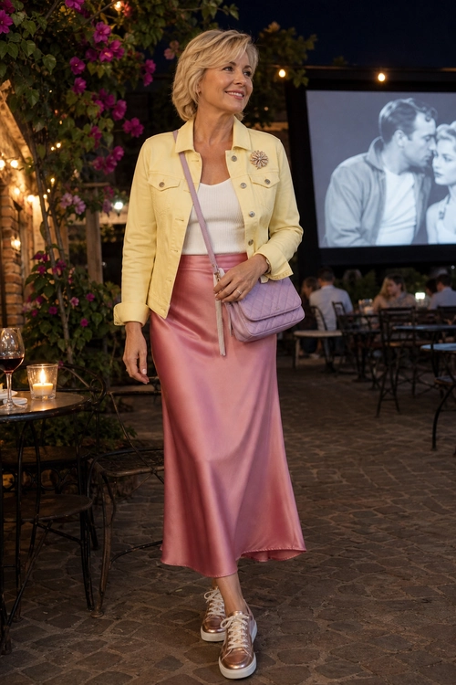 Yellow Jacket and Satin Pink Skirt Outfit A woman wears a pale yellow jacket over a white top with a pink satin midi skirt, lavender crossbody bag, and metallic sneakers.