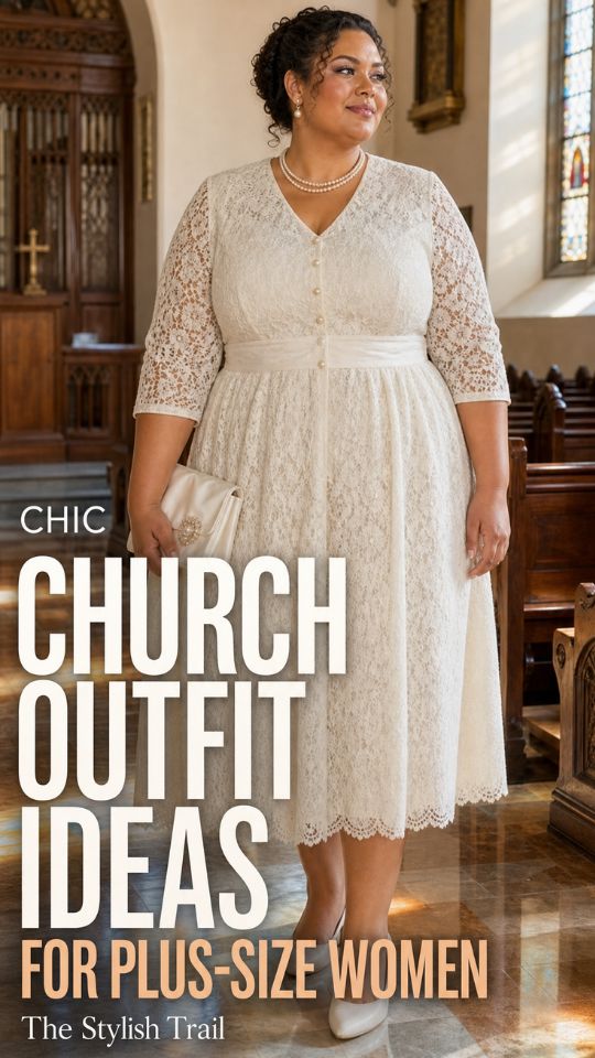 A plus-size woman wears a church outfit with an ivory lace dress with a belt, ankle boots, and drop earrings