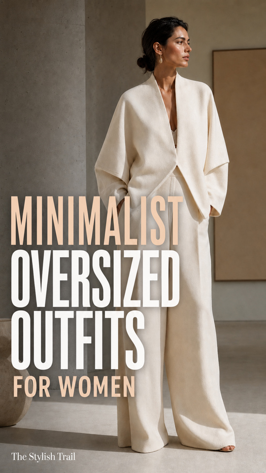A woman in a minimalist oversized outfit with an ivory draped top with wide-leg trousers
